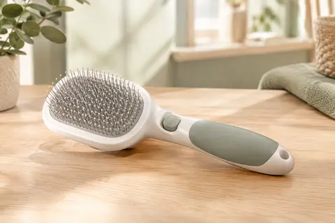 Brosse Aumuca blanche à picots métalliques courbés, posée sur une surface en bois clair.