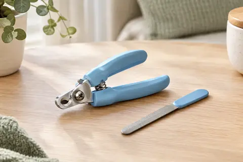 Petit coupe-griffes bleu pour animaux, accompagné de sa lime, posé sur une table en bois clair.