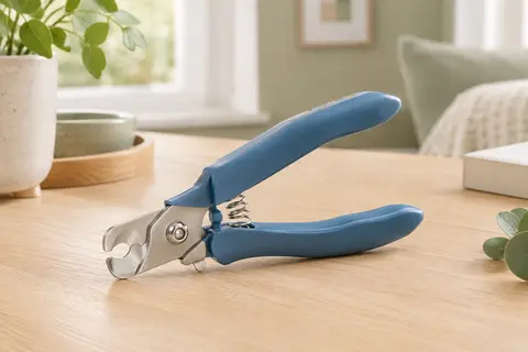 Coupe-griffes bleu avec lame en acier inoxydable et garde de sécurité, posé sur une surface en bois clair