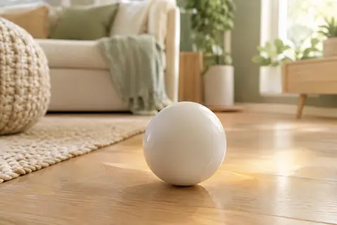 Balle blanche en caoutchouc Chuckit Max Glow posée près d’une porte ouverte sur un jardin au crépuscule