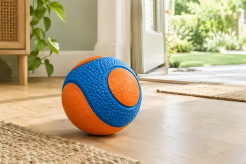 Balle sphérique en caoutchouc bleu et orange posée dans un intérieur lumineux près d’une porte ouverte