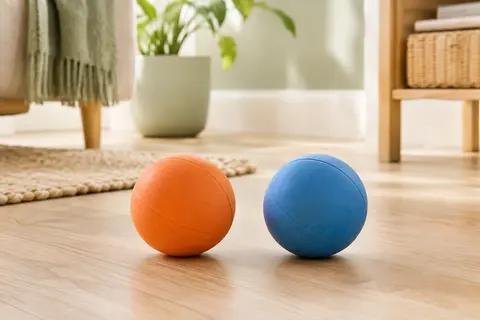 Deux balles rondes orange et bleues en caoutchouc naturel posées sur une terrasse en bois clair