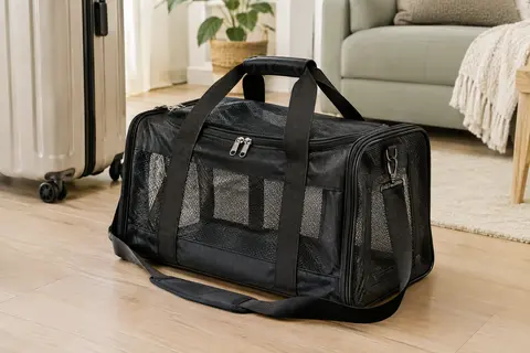 Sac de transport noir pliable à mailles, posé près d’une valise dans un intérieur lumineux