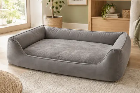 Panier rectangulaire gris pour chien avec traversin sur trois côtés, posé dans un intérieur lumineux.
