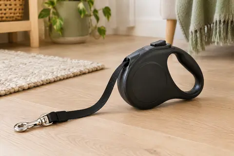 Laisse rétractable noire à sangle avec boîtier en plastique et mousqueton, posée sur un banc en bois clair.