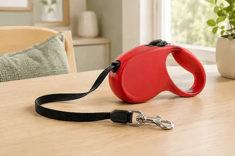 Laisse rétractable rouge à cordon de 8 m posée sur un banc en bois clair dans une entrée lumineuse