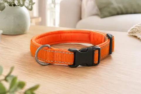 Collier orange pour petit chien en nylon rembourré, avec coutures réfléchissantes et boucle rapide