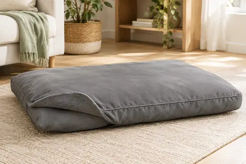 Coussin rectangulaire gris pour chien, à surface rembourrée et housse réversible, posé dans un intérieur lumineux