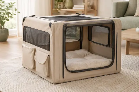 Caisse de transport pliable beige avec coussin, ouvertures en filet et poches, posée dans un intérieur lumineux.