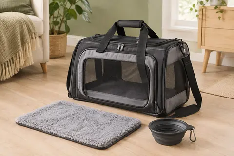 Sac de transport pliable noir et gris avec panneaux en maille, bandoulière, tapis amovible et bol suspendu.