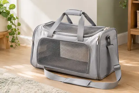 Sac de transport pour chat en nylon gris clair, avec fenêtres en maille, base rigide et bandoulière réglable.