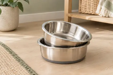 Deux gamelles profondes en inox pour chien, avec base en silicone, posées dans un intérieur lumineux.