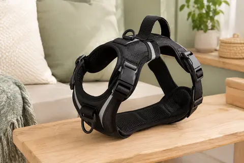 Harnais noir réglable pour chien avec bandes réfléchissantes, attache avant et poignée dorsale.