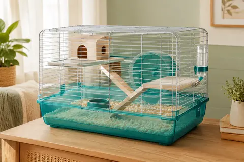 Cage Rosewood à plusieurs niveaux avec base translucide bleu sarcelle et accessoires pour petit animal