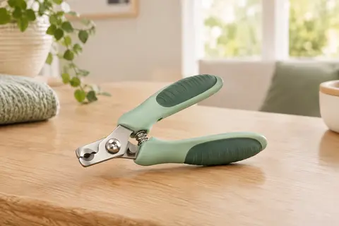 Coupe-griffes vert à lames inclinées posé sur une table en bois clair dans un intérieur lumineux.