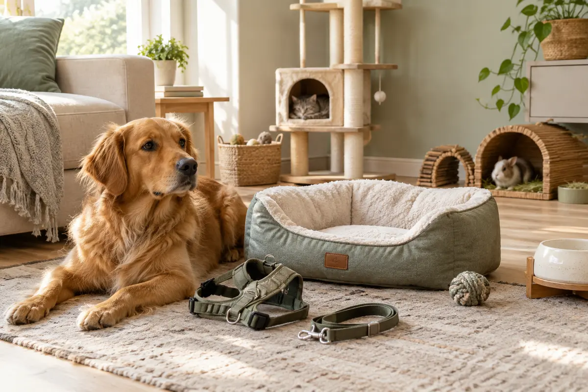 Accessoires pour animaux réunis dans un intérieur lumineux, entre panier, laisse, gamelle et jouets